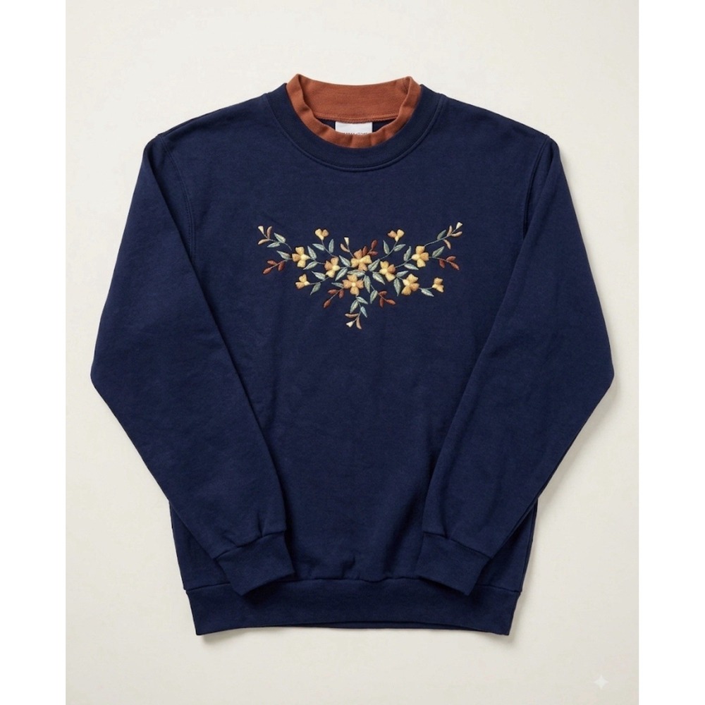 Vtg Top Stitch Floral Embroidered Sweatshirt Navy Cottagecore Pullover No Tag Sm